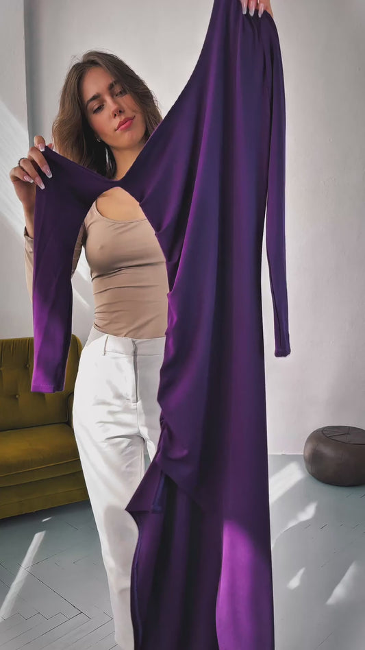 Śliwkowa asymetryczna sukienka wieczorowa na jedno ramię z długimi rękawami  - 002